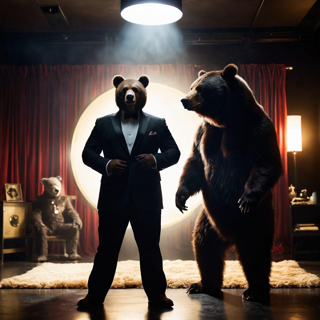 A dramatic scene showcasing a charismatic actor dressed as a bear, exuding confidence and charm, surrounded by soft-focus, silhouette-like furry animal lovers in the background. The atmosphere is playful yet edgy, with hints of glamour and allure. Incorporate elements like a film reel and a spotlight to signify the adult film industry. Use vibrant colors to create a striking contrast against a dark background. cinematic, vibrant colors, bold details.
