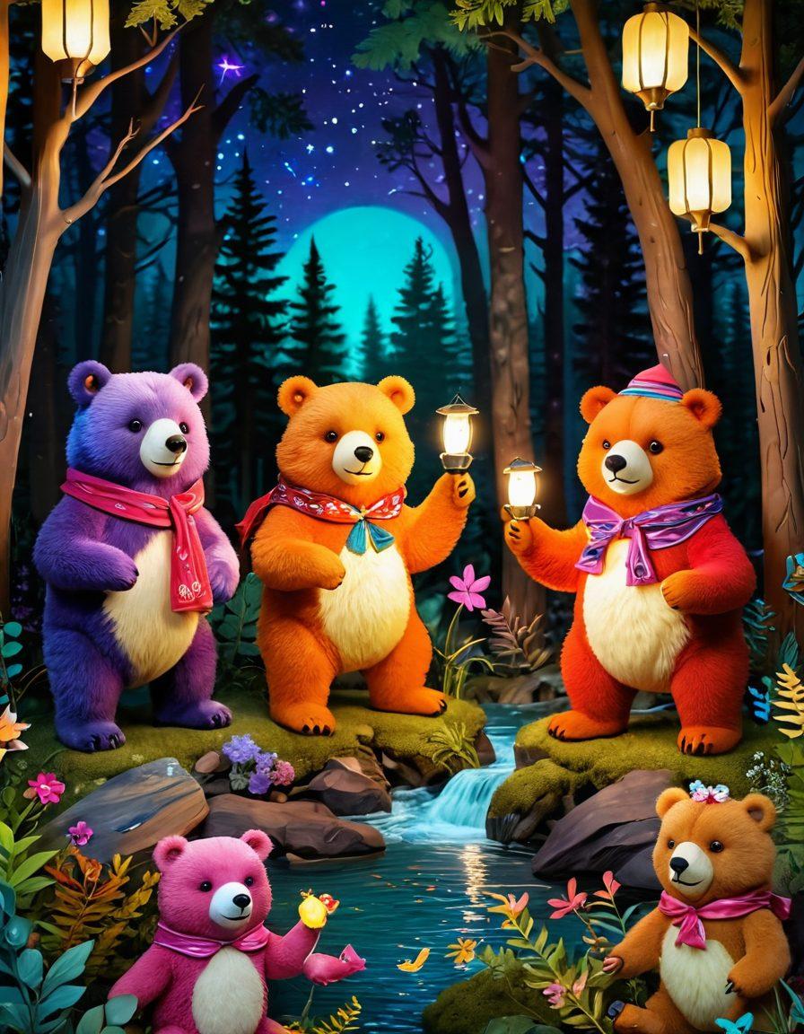 A whimsical and adventurous forest scene featuring anthropomorphic bears embodying playful and flirty personalities, adorned in colorful outfits. The background showcases a lush wilderness with vibrant flora and fauna, hinting at a sense of fantasy and excitement. Incorporate elements like glowing lanterns and twinkling stars to evoke a magical night-time atmosphere. The overall vibe should blend playful charm with a hint of adult allure. 3D, vibrant colors.