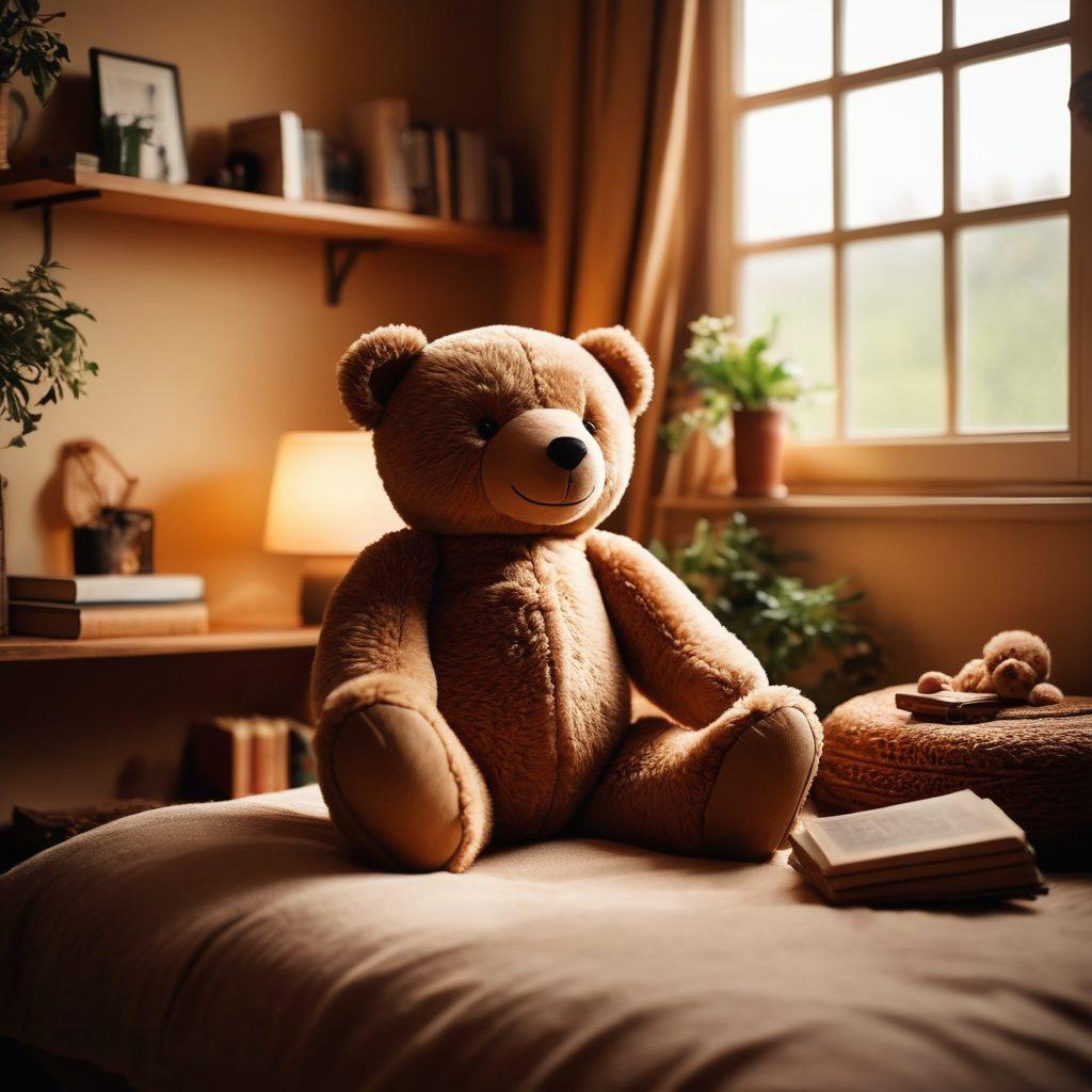 A cozy, intimate setting with a plush teddy bear surrounded by various adult-themed items like subtle toys and literature, softly lit to create an inviting atmosphere. In the background, hints of wild nature can be seen, symbolizing the 'bear' culture, with a mature couple engaging in an affectionate embrace, showcasing emotional and physical connection. The overall composition should evoke warmth, exploration, and a sense of open-mindedness. soft focus. warm colors. intimate ambiance.
